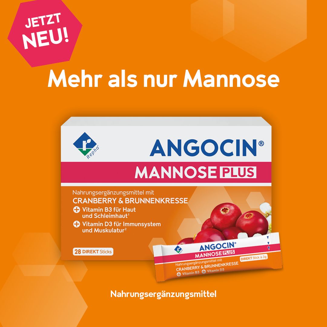 ANGOCIN MANNOSE PLUS Packung und ein einzelner Stick mit Cranberry und Vitaminen.