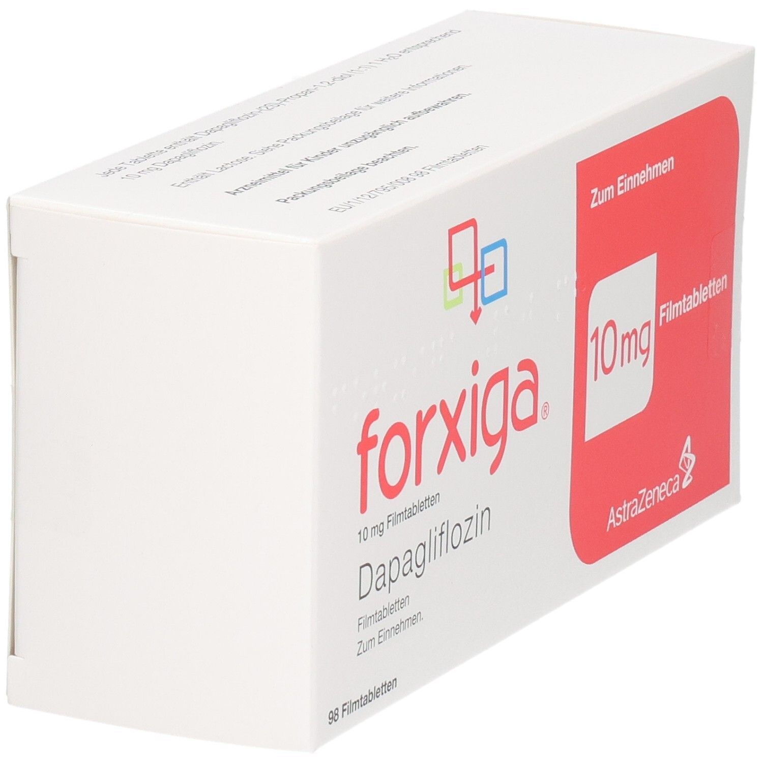 Forxiga 10 mg Filmtabletten Verpackung, Seitenansicht mit AstraZeneca Logo.