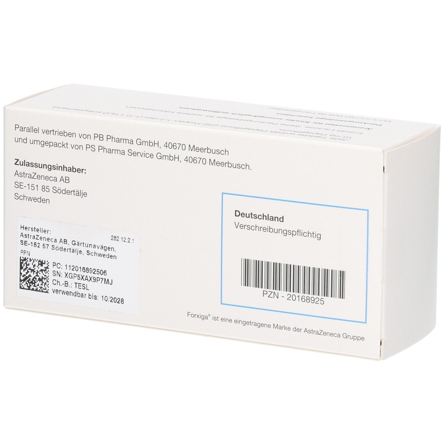 Rückseite der Forxiga 10 mg Filmtabletten Verpackung mit Zulassungsinformationen und PZN.