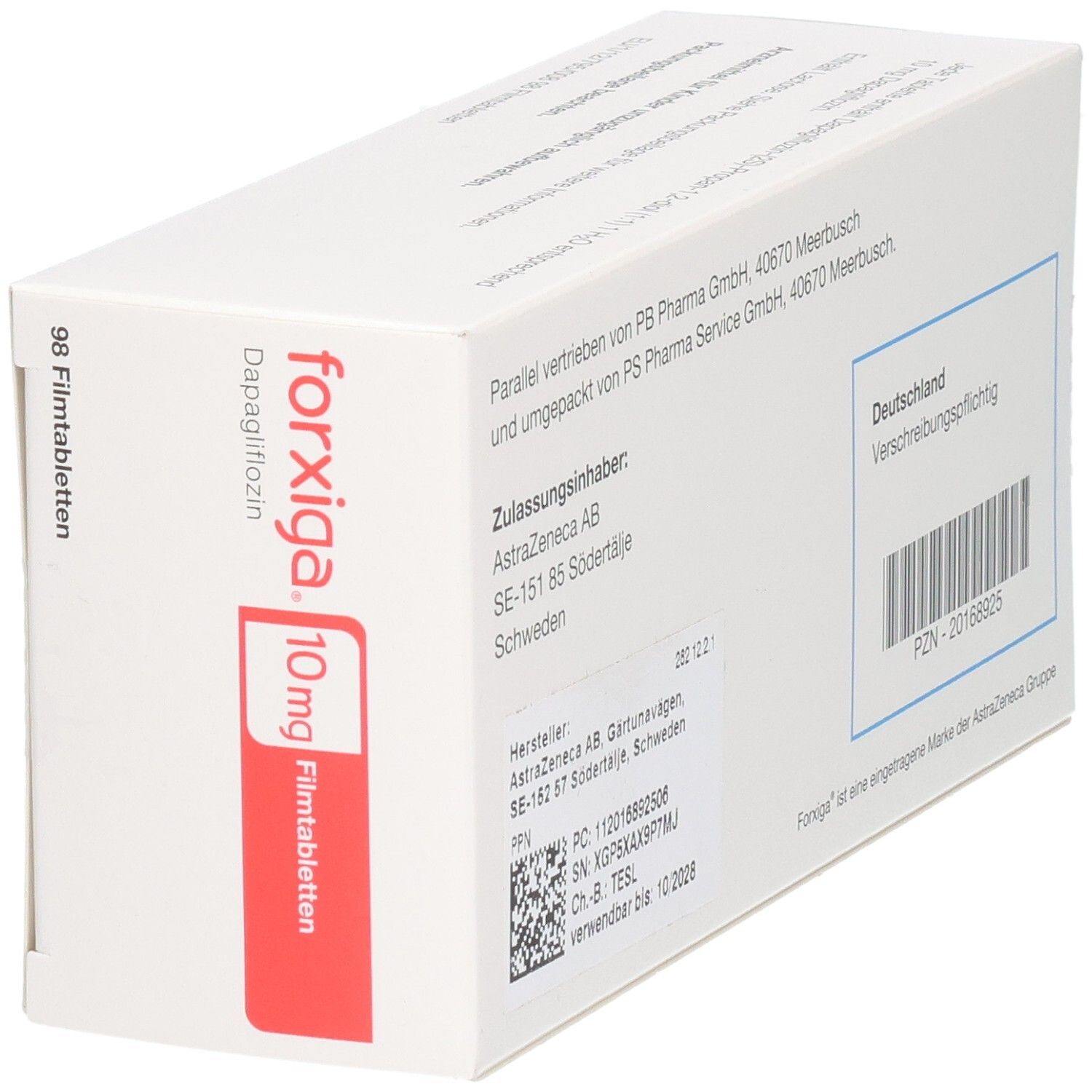 Seite der Forxiga 10 mg Filmtabletten Verpackung mit Zulassungsinformationen und PZN.