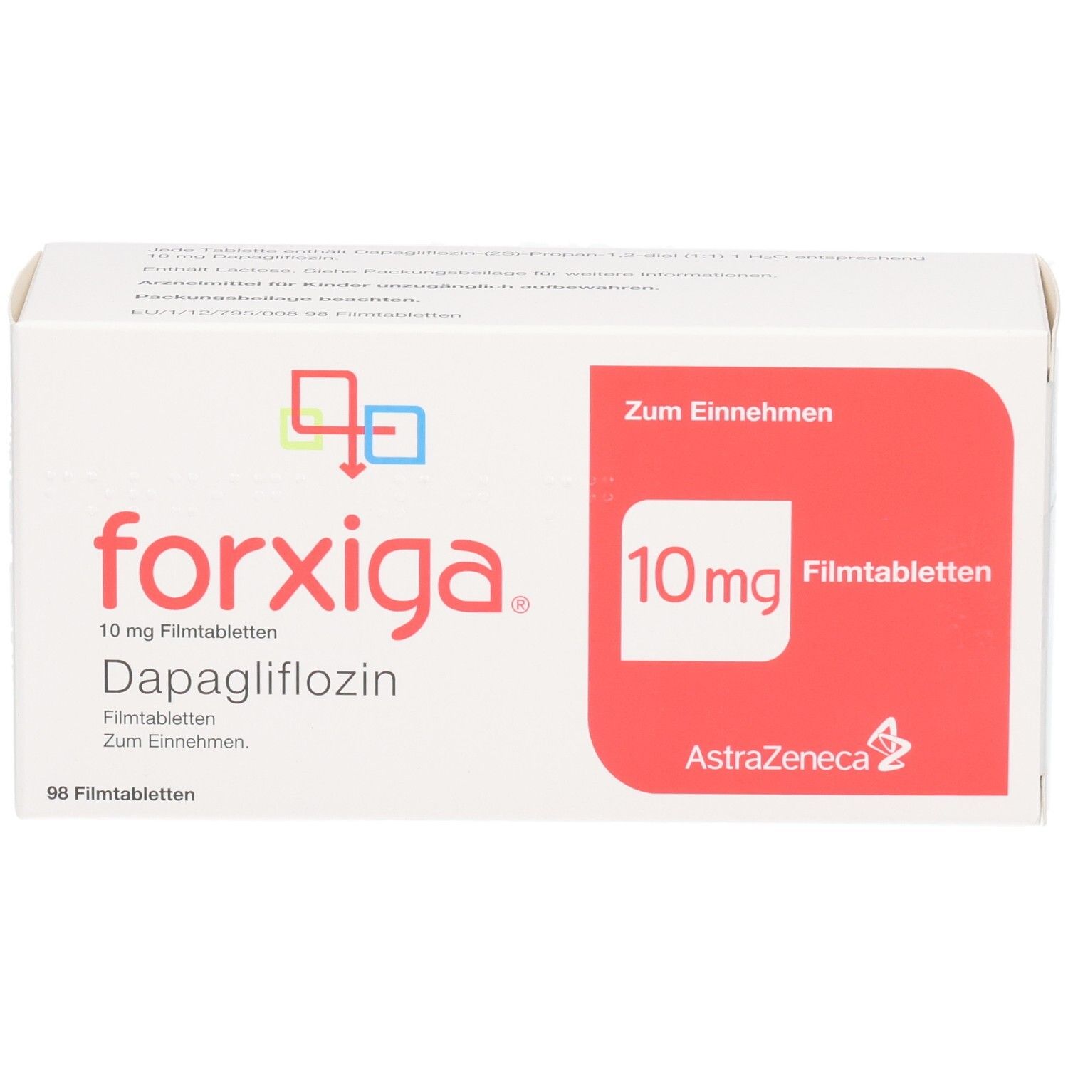 Forxiga 10 mg Filmtabletten Verpackung mit Dapagliflozin und AstraZeneca Logo.
