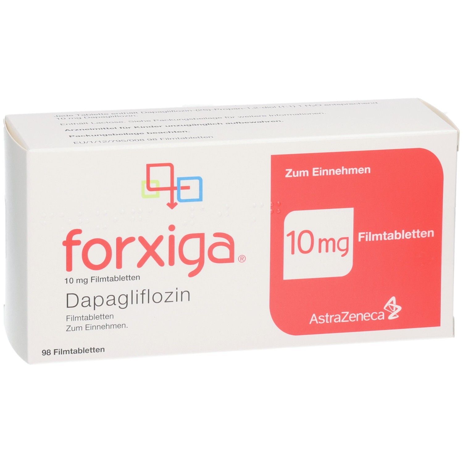 Forxiga 10 mg Filmtabletten Verpackung mit Dapagliflozin und AstraZeneca Logo.