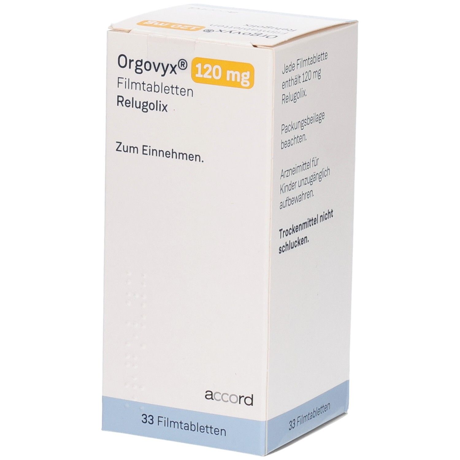 Weißer Karton mit "Orgovyx 120 mg Filmtabletten". Enthält 33 Filmtabletten. Aufdrucke in Deutsch. Marke: Accord.