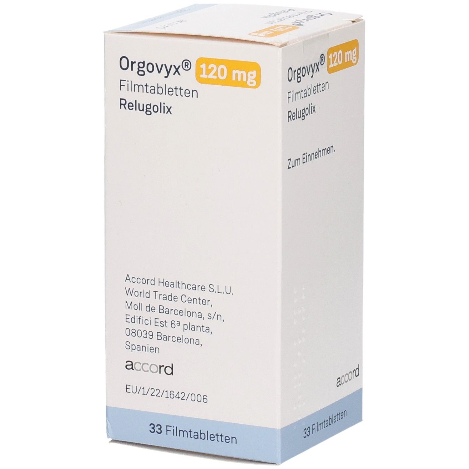 Weißer Karton "Orgovyx 120 mg Filmtabletten". Enthält 33 Filmtabletten. Aufdrucke in Deutsch. Adresse von Accord Healthcare. 