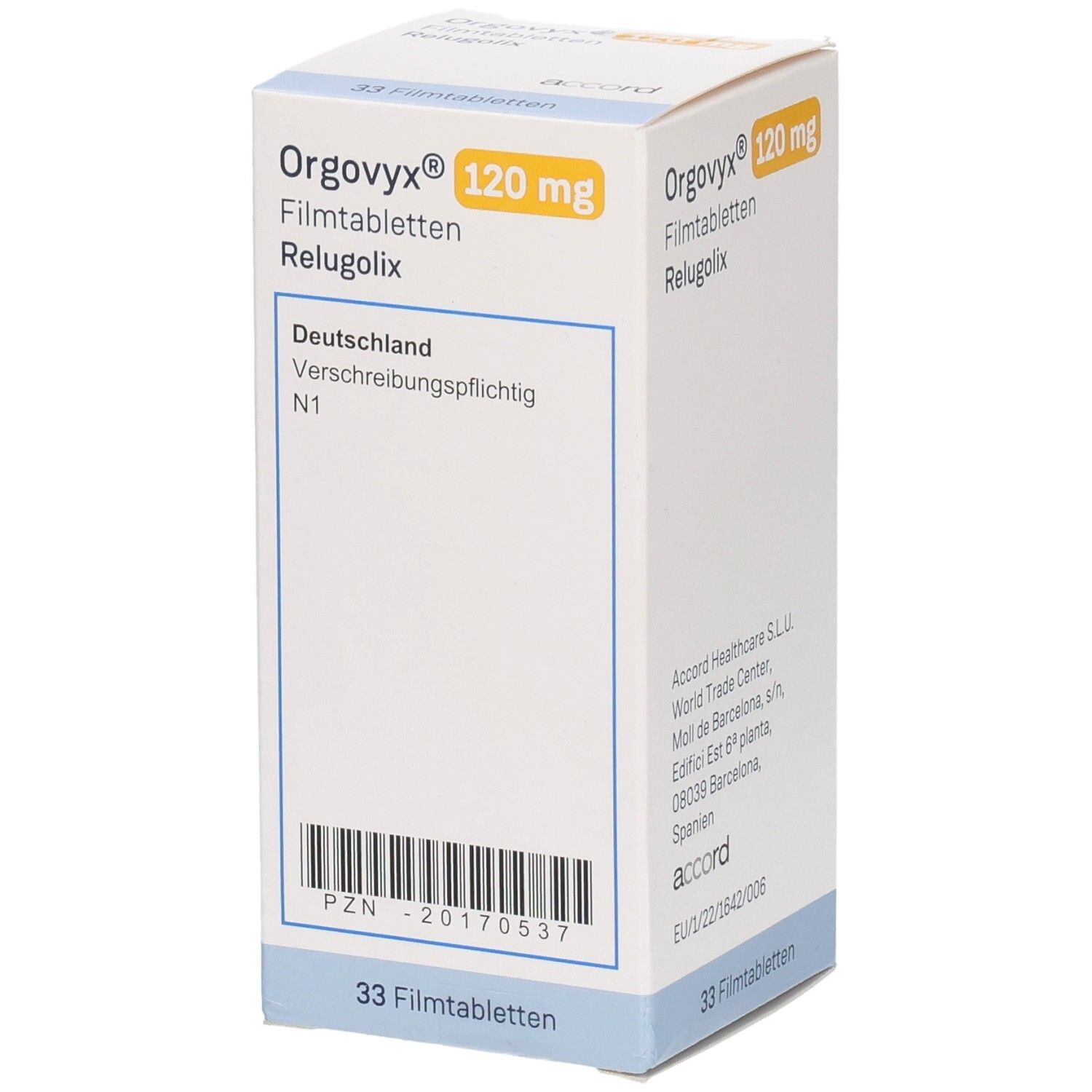 Weißer Karton "Orgovyx 120 mg Filmtabletten". Enthält 33 Filmtabletten. Aufdrucke in Deutsch. Mit Barcode und N1.