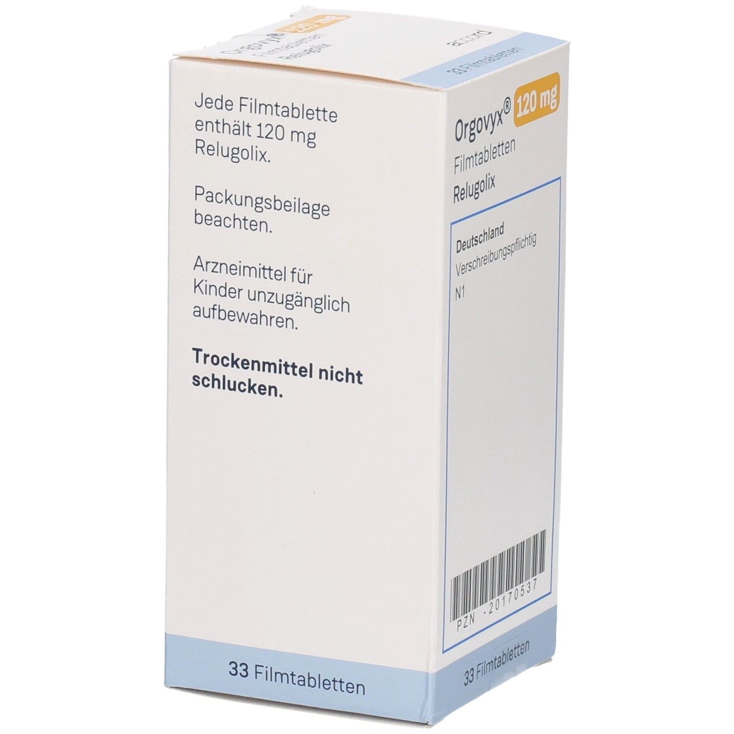 Weißer Karton "Orgovyx 120 mg Filmtabletten". Enthält 33 Filmtabletten. Aufdrucke in Deutsch. Warnhinweise.