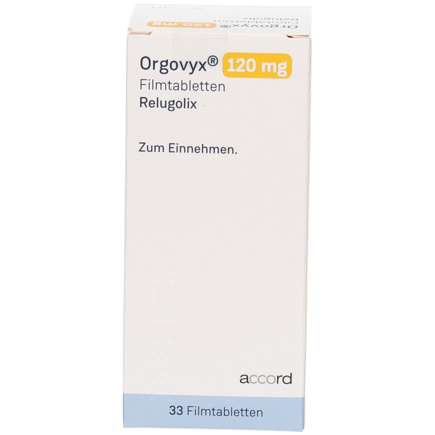 Weißer Karton "Orgovyx 120 mg Filmtabletten". Enthält 33 Filmtabletten. Aufdrucke in Deutsch. Marke: Accord.