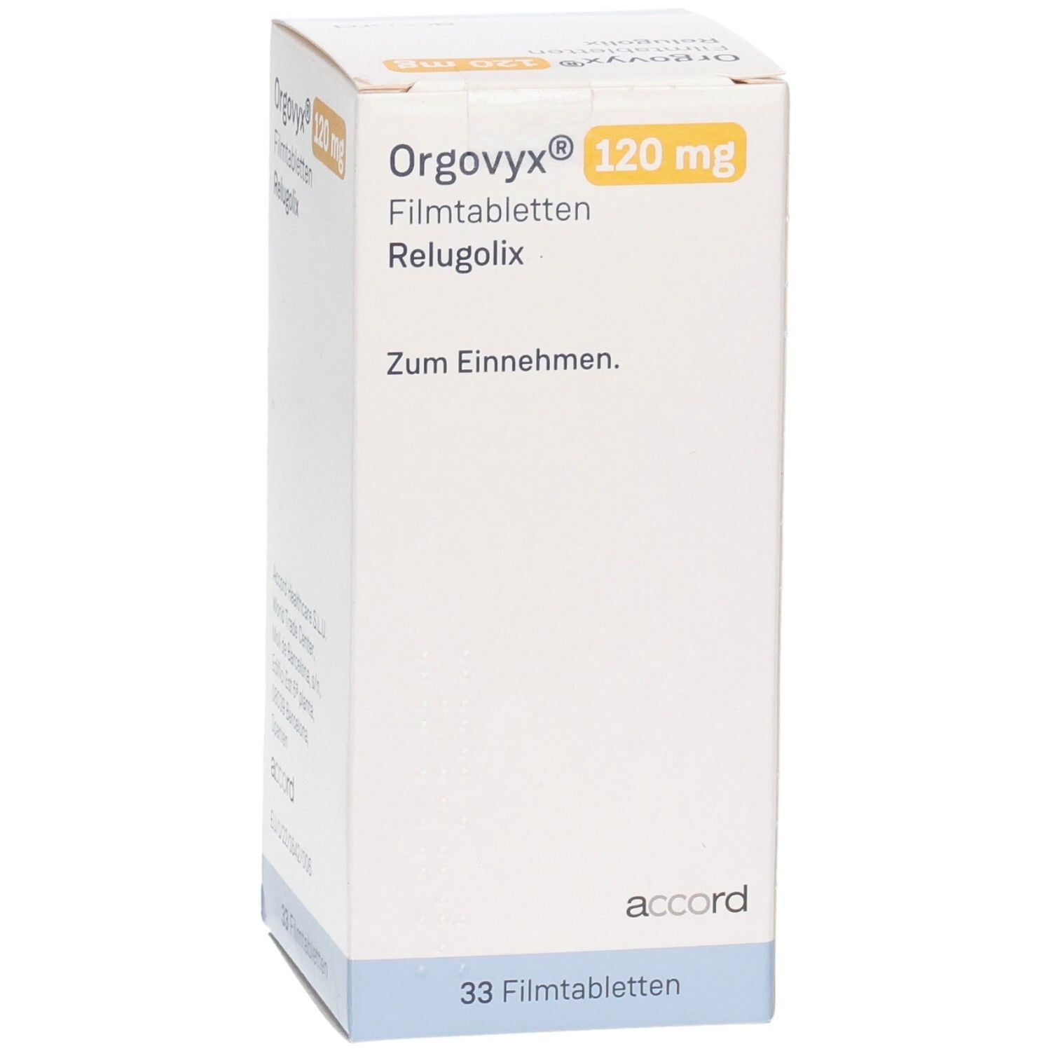 Weißer Karton "Orgovyx 120 mg Filmtabletten". Enthält 33 Filmtabletten. Aufdrucke in Deutsch. Marke: Accord.