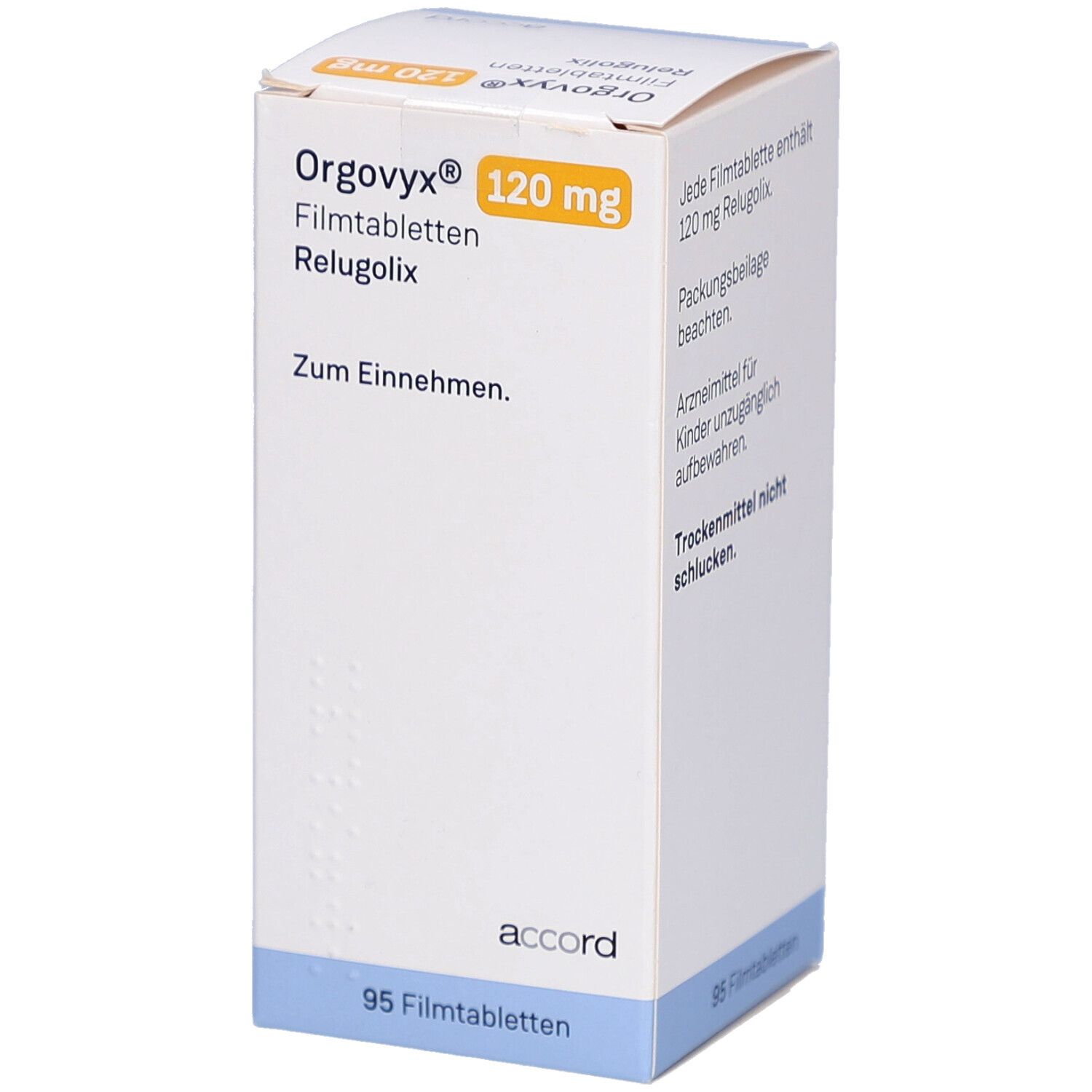 Weiße Schachtel mit ORGOVYX 120 mg Filmtabletten. Aufdruck: Name, Dosierung, Packungsgröße 95 Filmtabletten. Marke: accord.