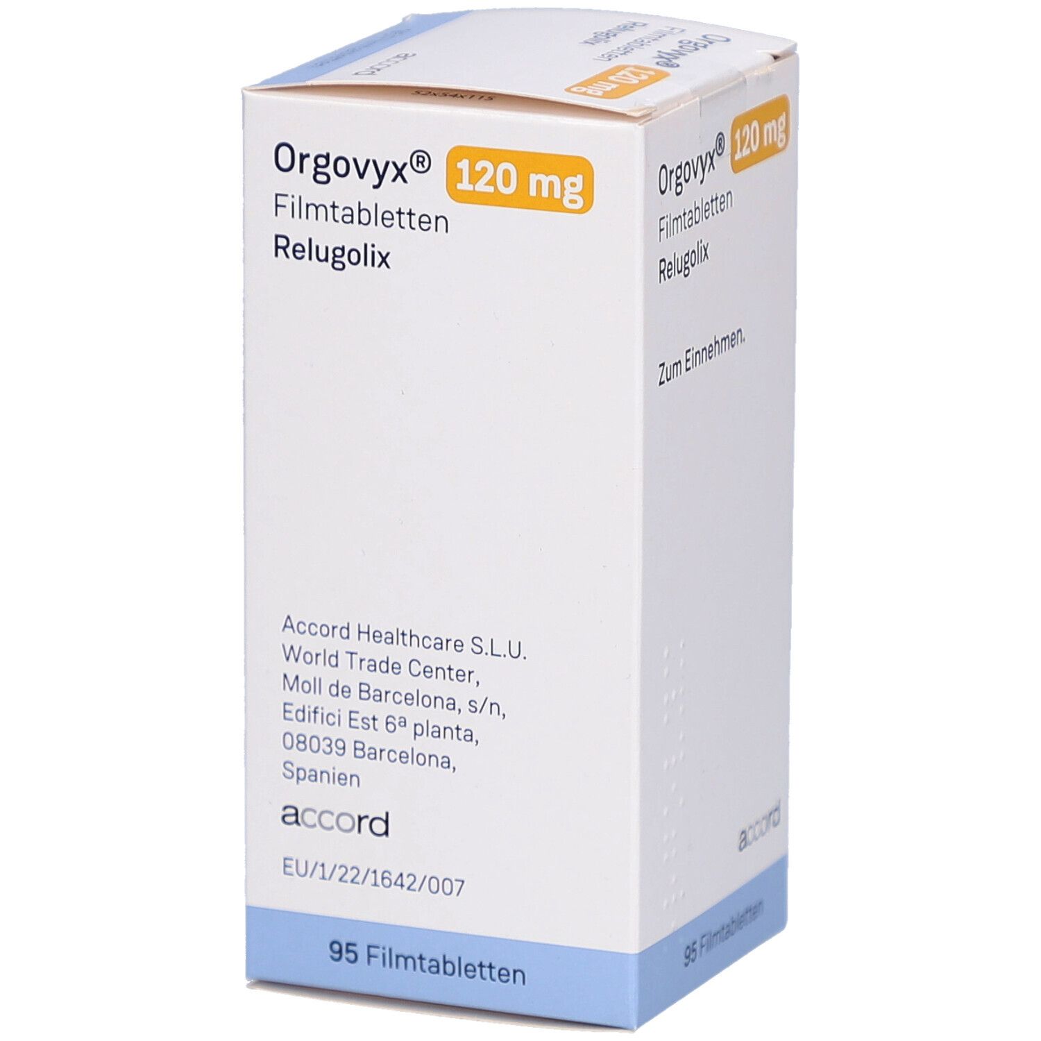 Weiße Schachtel mit ORGOVYX 120 mg Filmtabletten. Aufdruck: Name, Dosierung, Packungsgröße 95 Filmtabletten. Adresse: Accord Healthcare S.L.U.