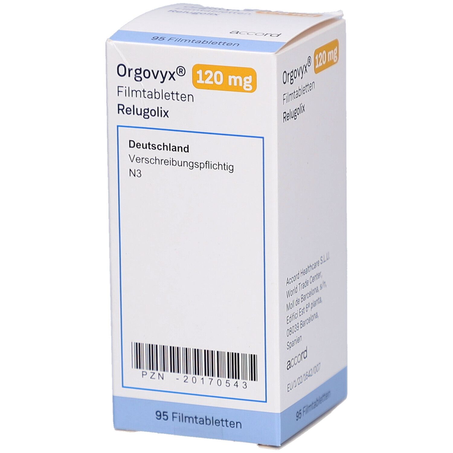 Weiße Schachtel mit ORGOVYX 120 mg Filmtabletten. Aufdruck: Name, Dosierung, Packungsgröße 95 Filmtabletten. Text: Deutschland, verschreibungspflichtig.