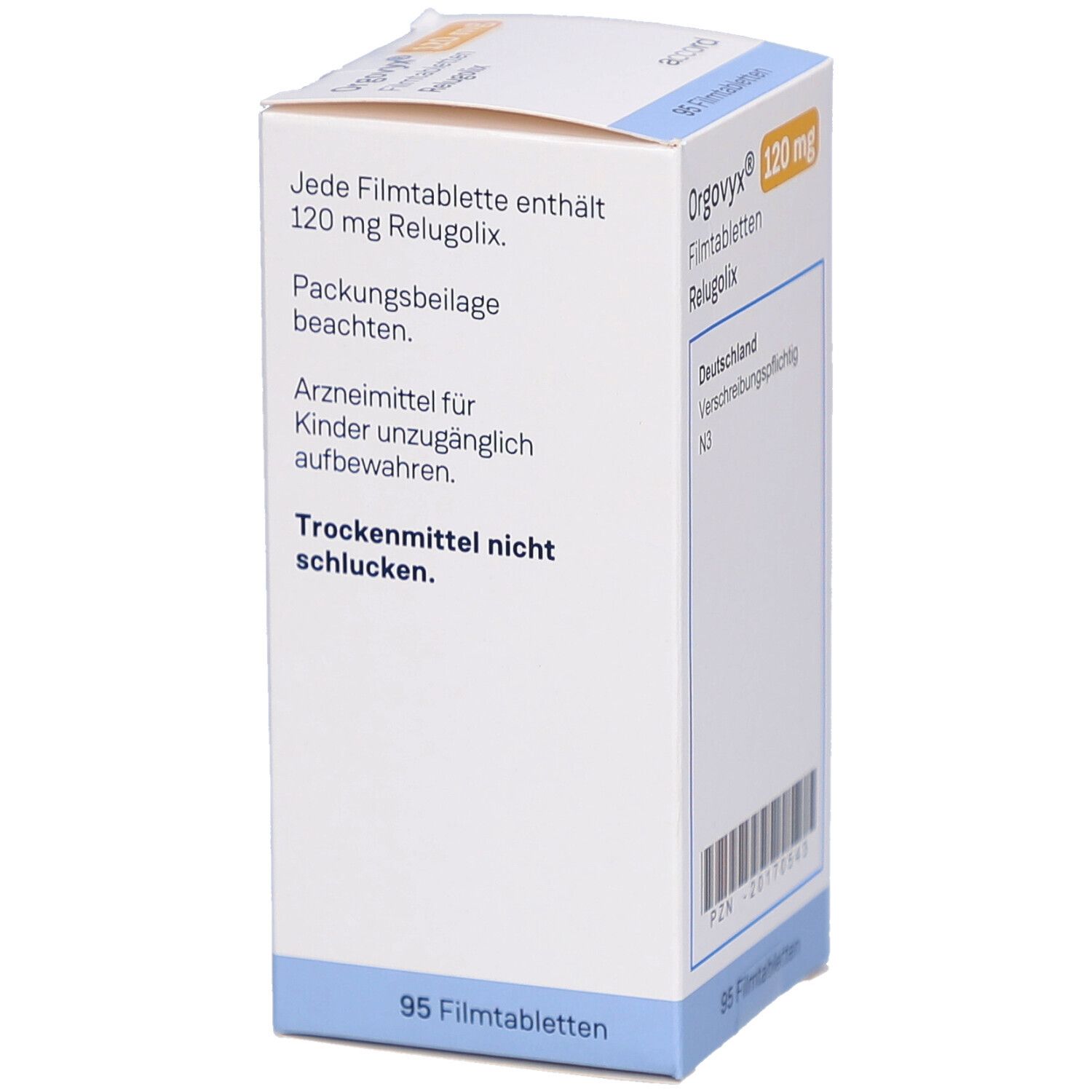 Weiße Schachtel mit ORGOVYX 120 mg Filmtabletten. Aufdruck: Name, Dosierung, Packungsgröße 95 Filmtabletten. Text: Hinweise zur Einnahme.