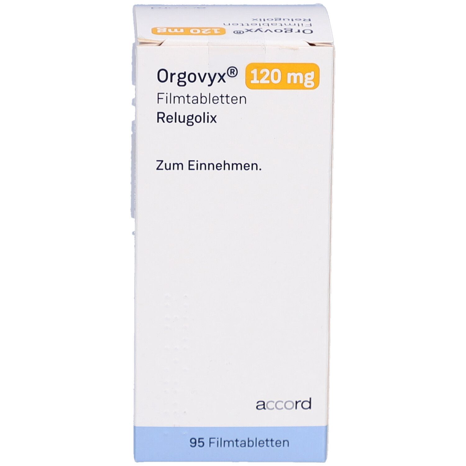 Weiße Schachtel mit ORGOVYX 120 mg Filmtabletten. Aufdruck: Name, Dosierung, Packungsgröße 95 Filmtabletten. Marke: accord.