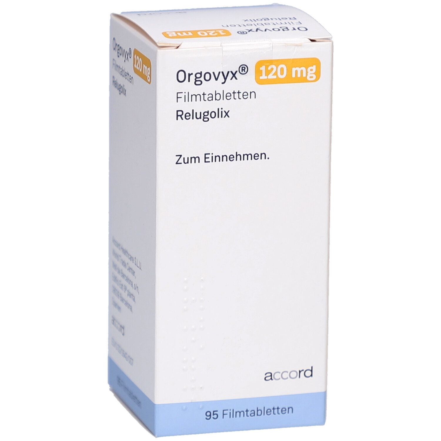 Weiße Schachtel mit ORGOVYX 120 mg Filmtabletten. Aufdruck: Name, Dosierung, Packungsgröße 95 Filmtabletten. Marke: accord.