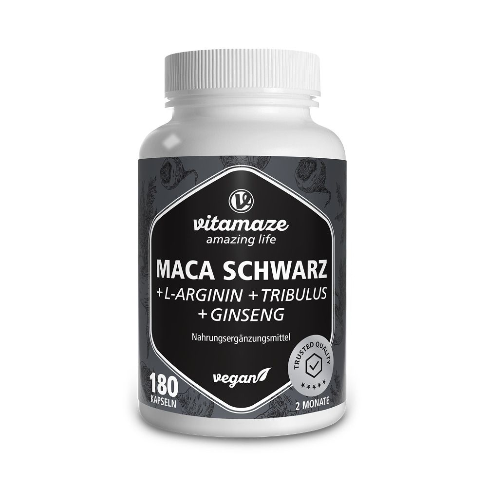 Weiße Flasche mit schwarzen Etikett. Aufschrift: Maca Schwarz + L-Arginin + Tribulus + Ginseng. 180 Kapseln, vegan.