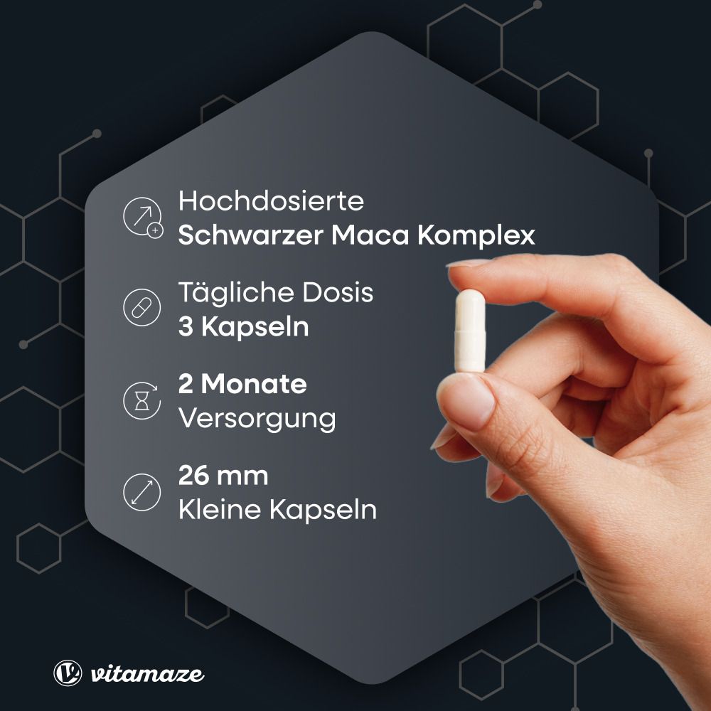 Hand hält eine Kapsel. Text: Hochdosierte Schwarzer Maca Komplex, 3 Kapseln tägliche Dosis, 2 Monate Versorgung, 26 mm kleine Kapseln.