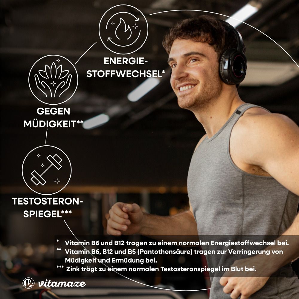 Mann im Fitnessstudio. Text: Energie-Stoffwechsel, gegen Müdigkeit, Testosteronspiegel. Vitamaze Logo.