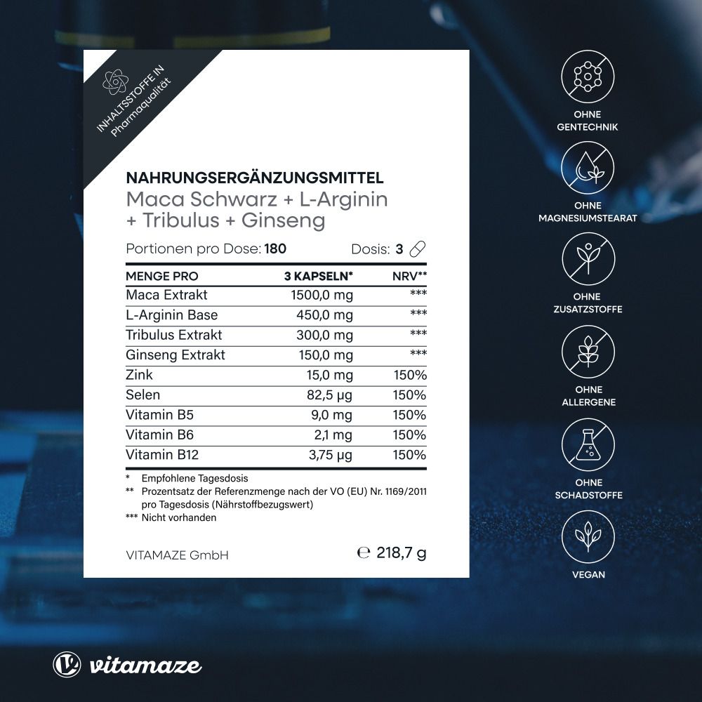 Nahrungsergänzungsmittel. Text: Maca Schwarz + L-Arginin + Tribulus + Ginseng. Inhaltsstoffe, Dosierung, Nährwertangaben. Vitamaze Logo.