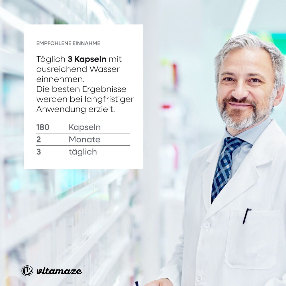 Arzt mit Text: Empfohlene Einnahme. Täglich 3 Kapseln mit Wasser. 180 Kapseln, 2 Monate, 3 täglich.