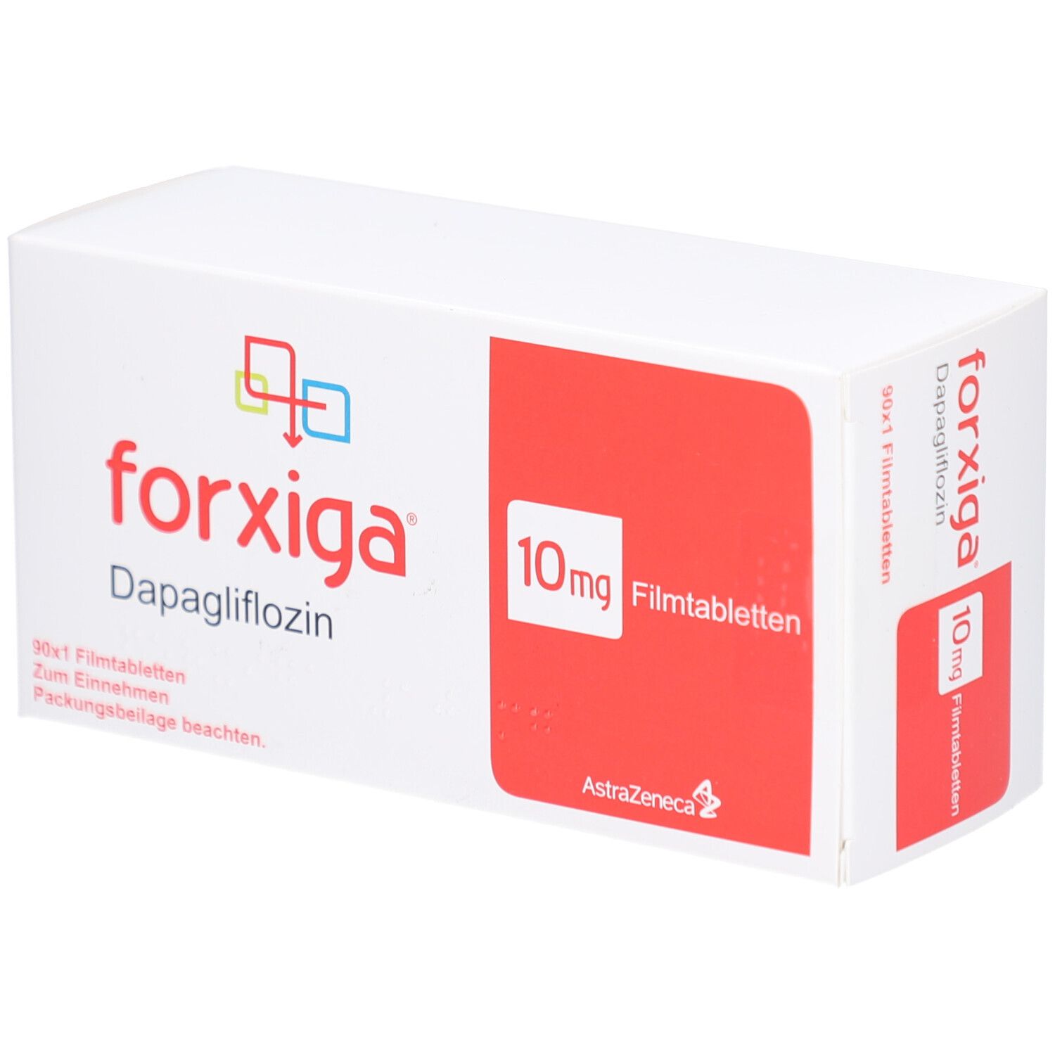 Weiße Schachtel mit rotem Feld. Aufschrift: forxiga, 10mg Filmtabletten. AstraZeneca Logo.