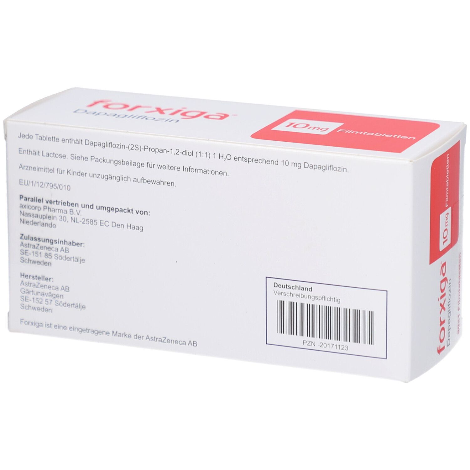 Rückseite der weißen Schachtel. Text: forxiga, Inhaltsstoffe, Herstellerinformationen, Barcode.