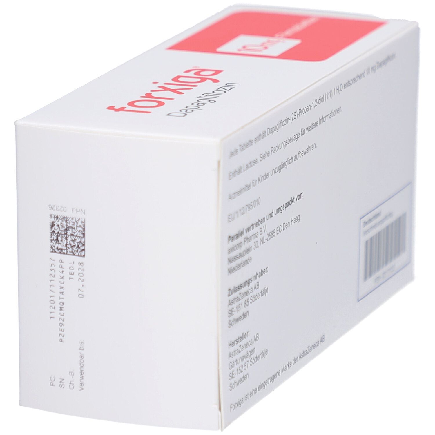 Weiße Schachtel, schräg. Text: forxiga, Inhaltsstoffe, Barcode, Verfallsdatum.