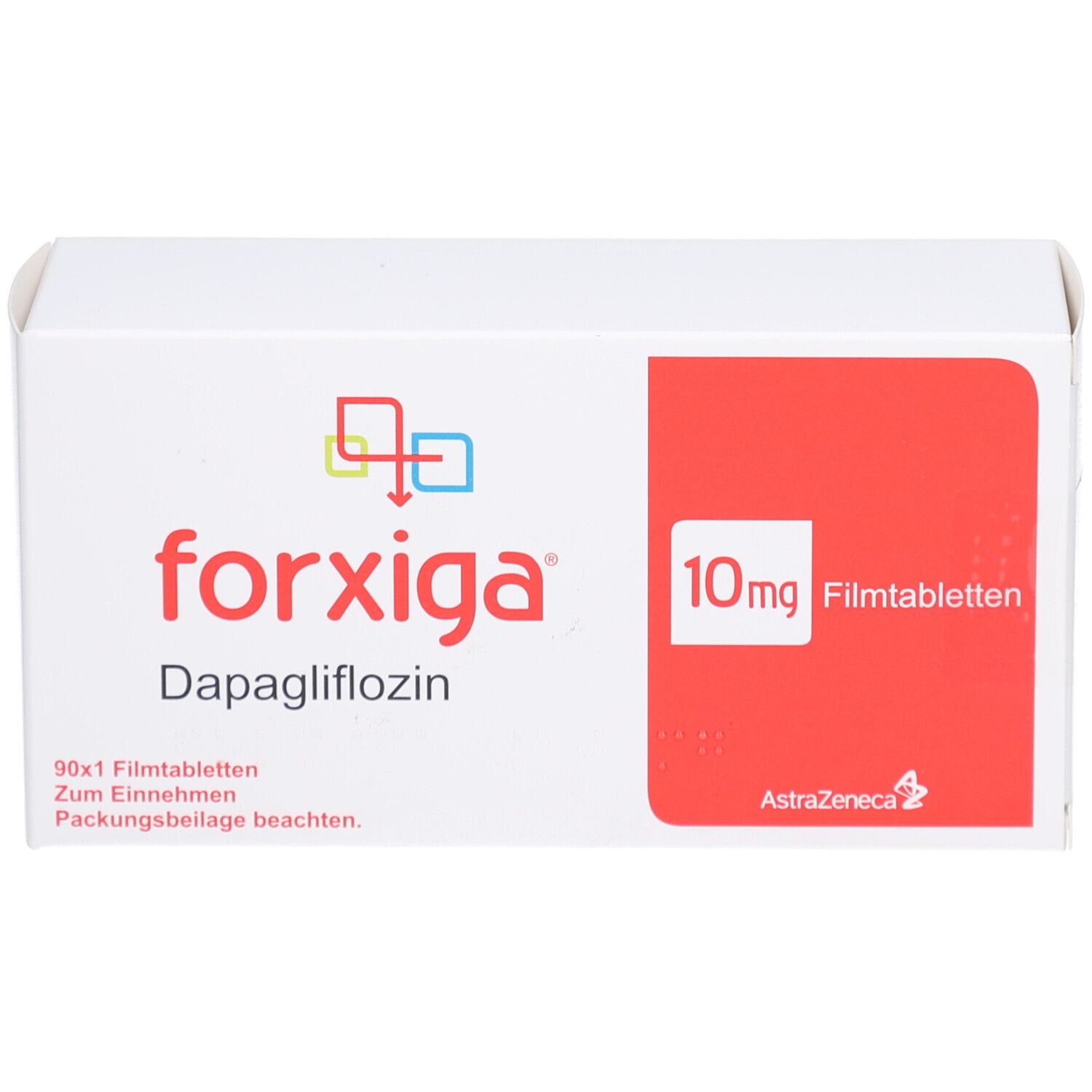 Weiße Schachtel mit rotem Feld. Aufschrift: forxiga, 10mg Filmtabletten. AstraZeneca Logo.