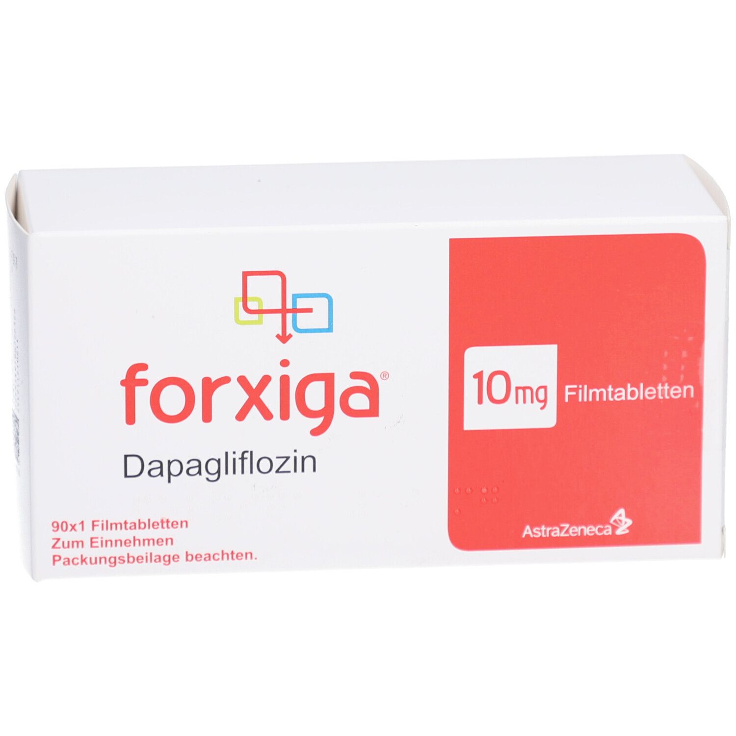 Weiße Schachtel mit rotem Feld. Aufschrift: forxiga, 10mg Filmtabletten. AstraZeneca Logo.