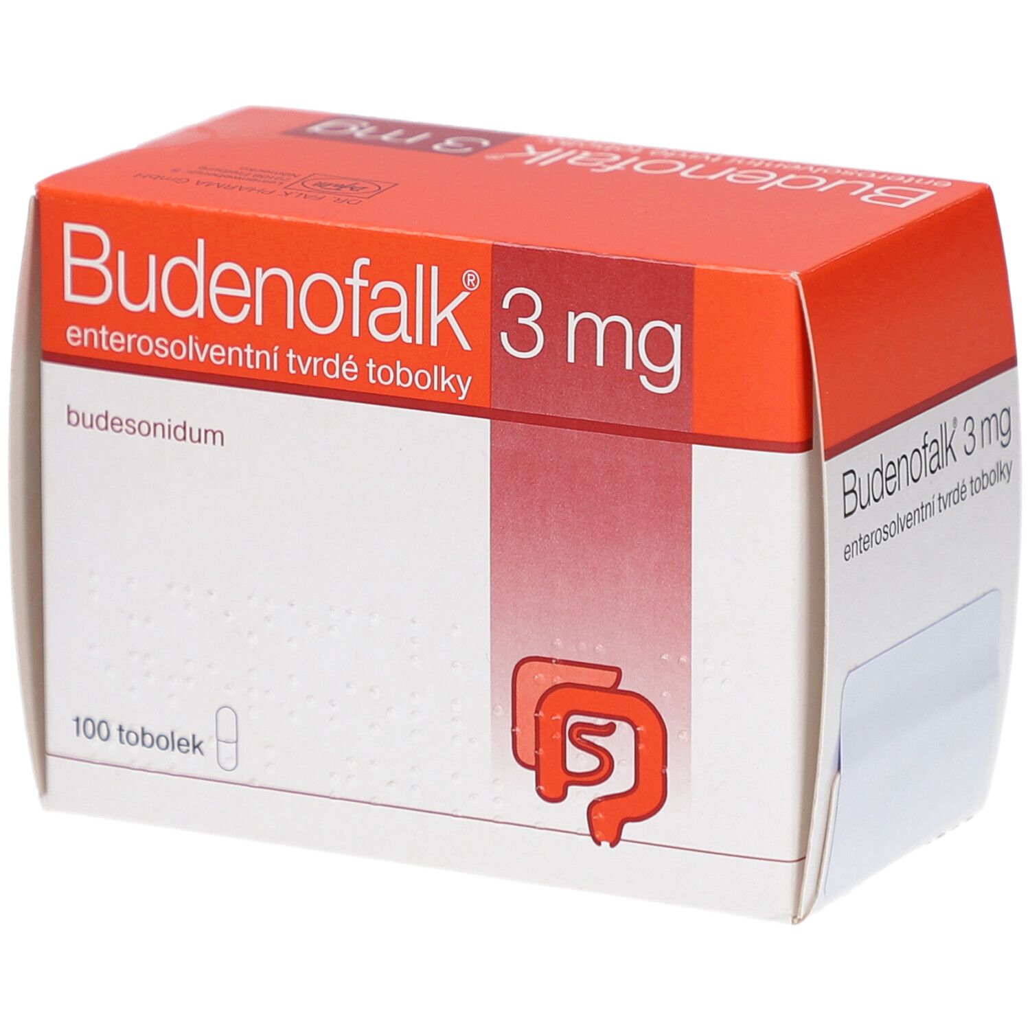 Kartonverpackung mit Produktnamen und Dosierung. Enthält 100 Tabletten. Orange und weiße Farbgebung.