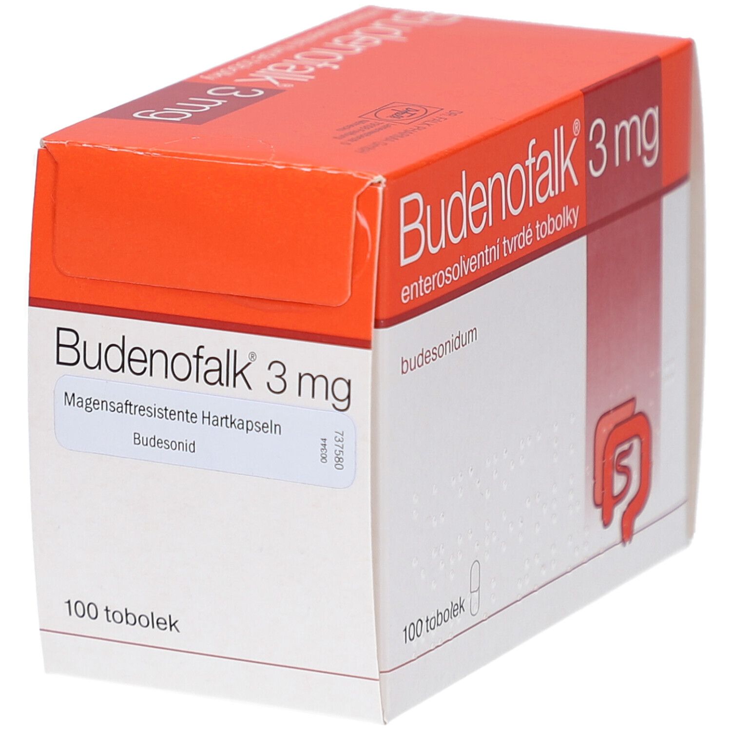 Kartonverpackung mit Produktnamen und Dosierung. Enthält 100 Tabletten. Orange und weiße Farbgebung.