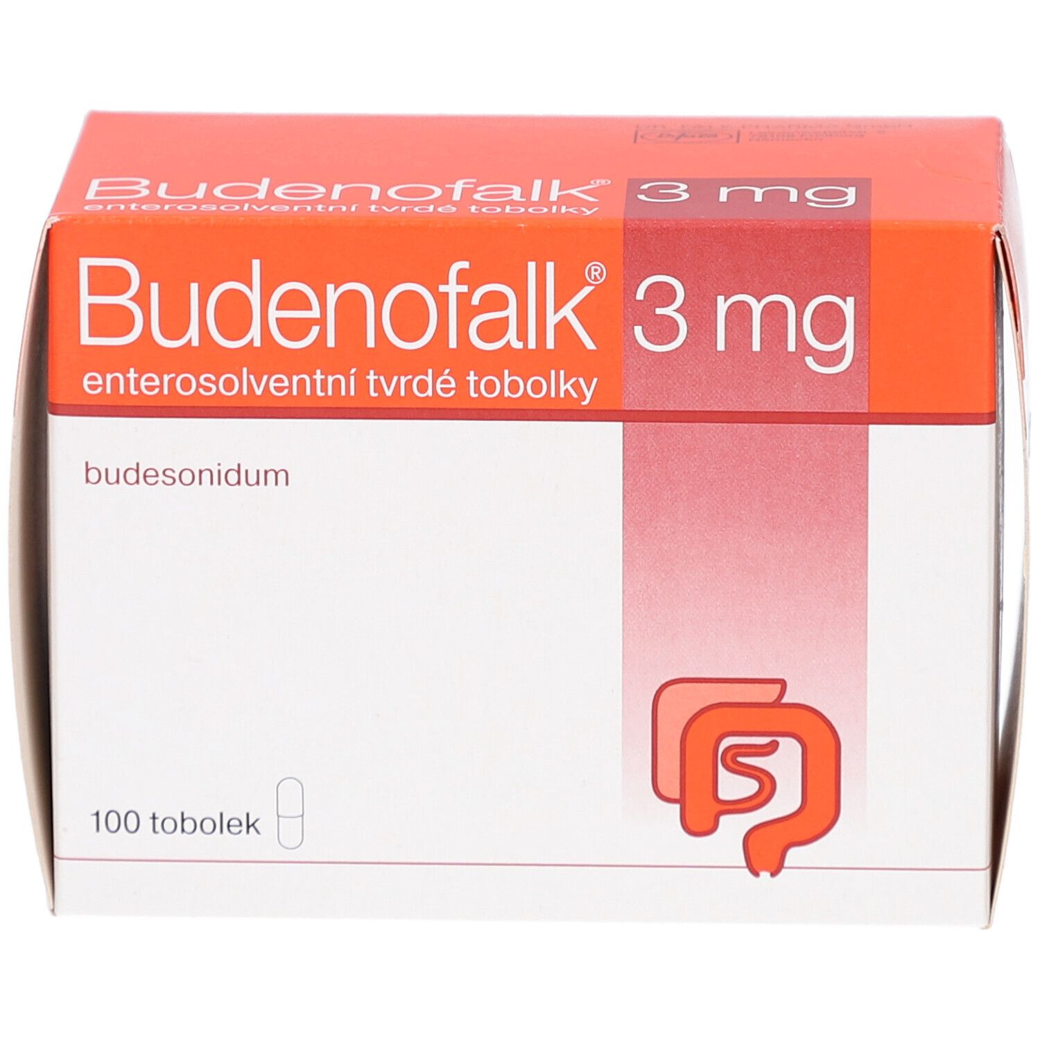 Kartonverpackung mit Produktnamen und Dosierung. Enthält 100 Tabletten. Orange und weiße Farbgebung.