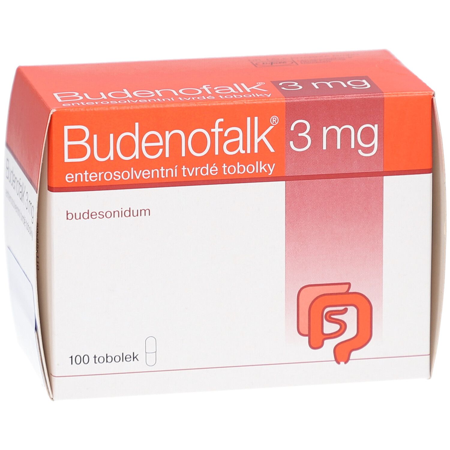 Kartonverpackung mit Produktnamen und Dosierung. Enthält 100 Tabletten. Orange und weiße Farbgebung.