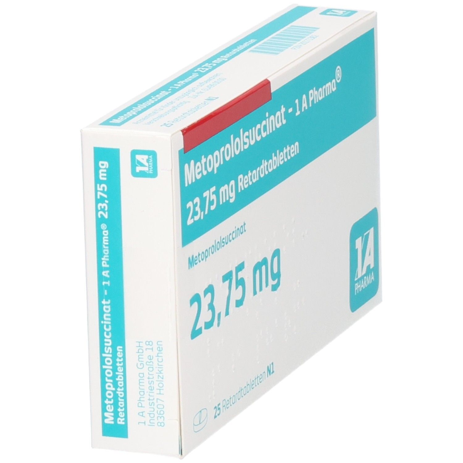 Verpackung Metoprololsuccinat 23,75 mg Retardtabletten von 1 A Pharma. Enthält 25 Tabletten.