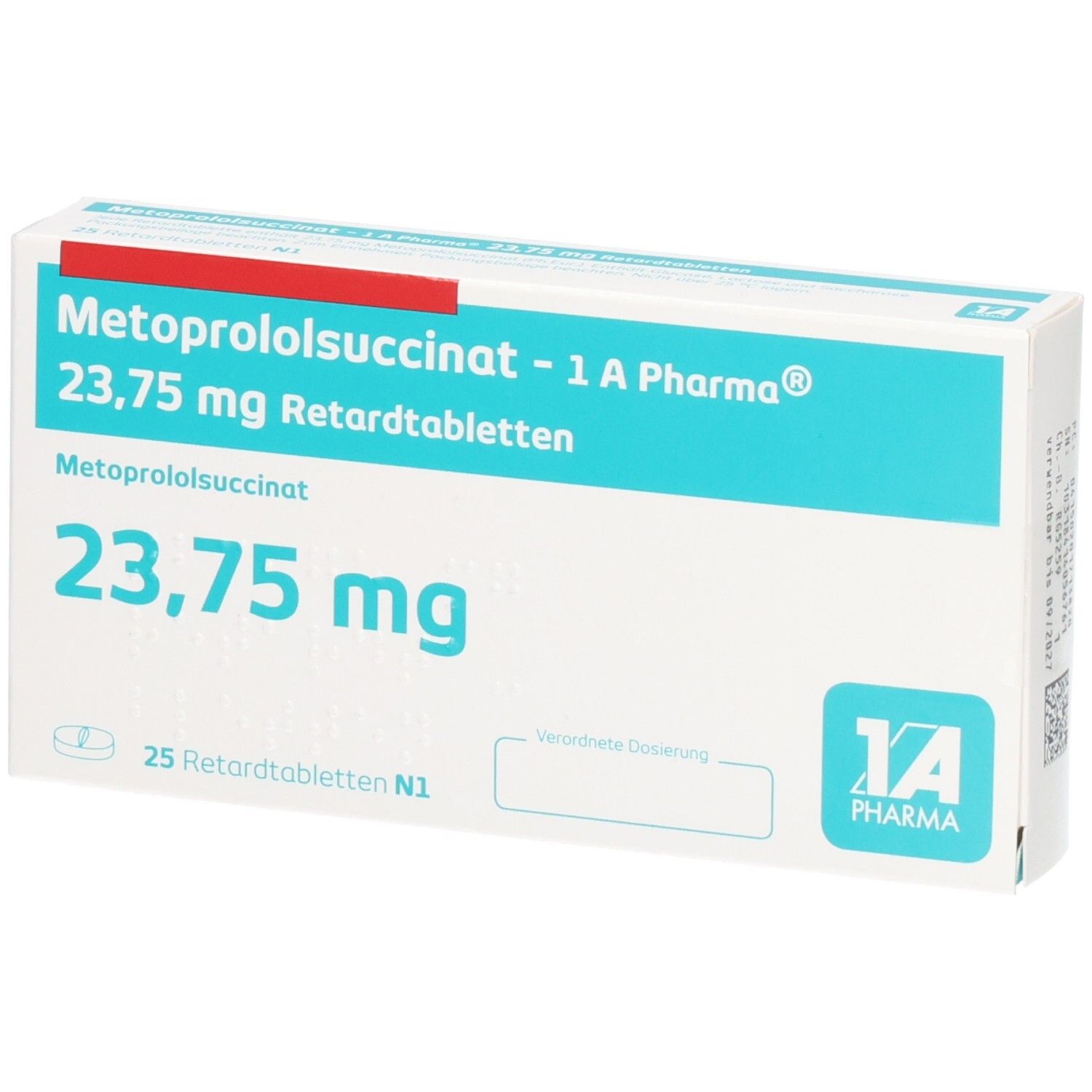 Verpackung Metoprololsuccinat 23,75 mg Retardtabletten, 25 Stück.