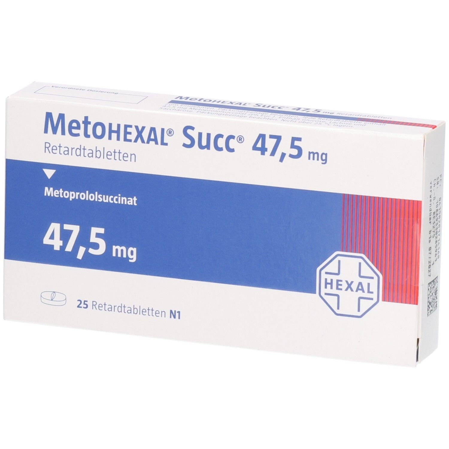 Verpackung von MetoHEXAL Succ 47,5 mg Retardtabletten mit 25 Tabletten.