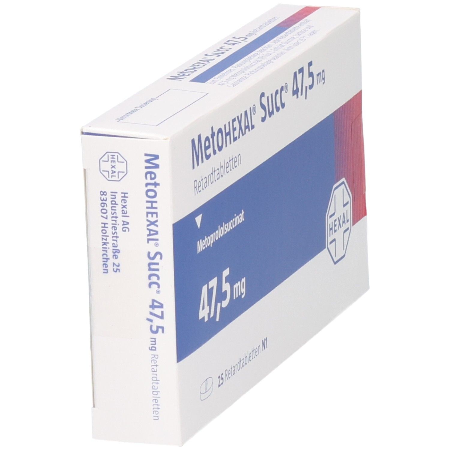 Seitenansicht der Verpackung von MetoHEXAL Succ 47,5 mg Retardtabletten.