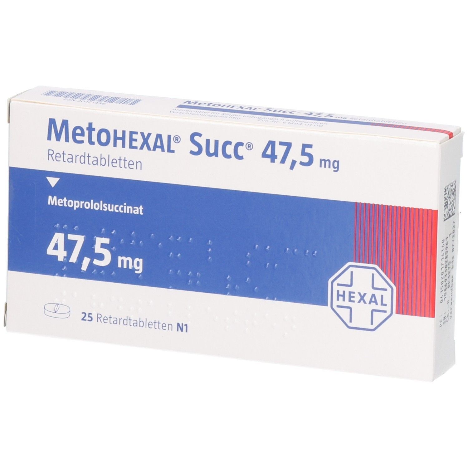Verpackung von MetoHEXAL Succ 47,5 mg Retardtabletten mit 25 Tabletten.