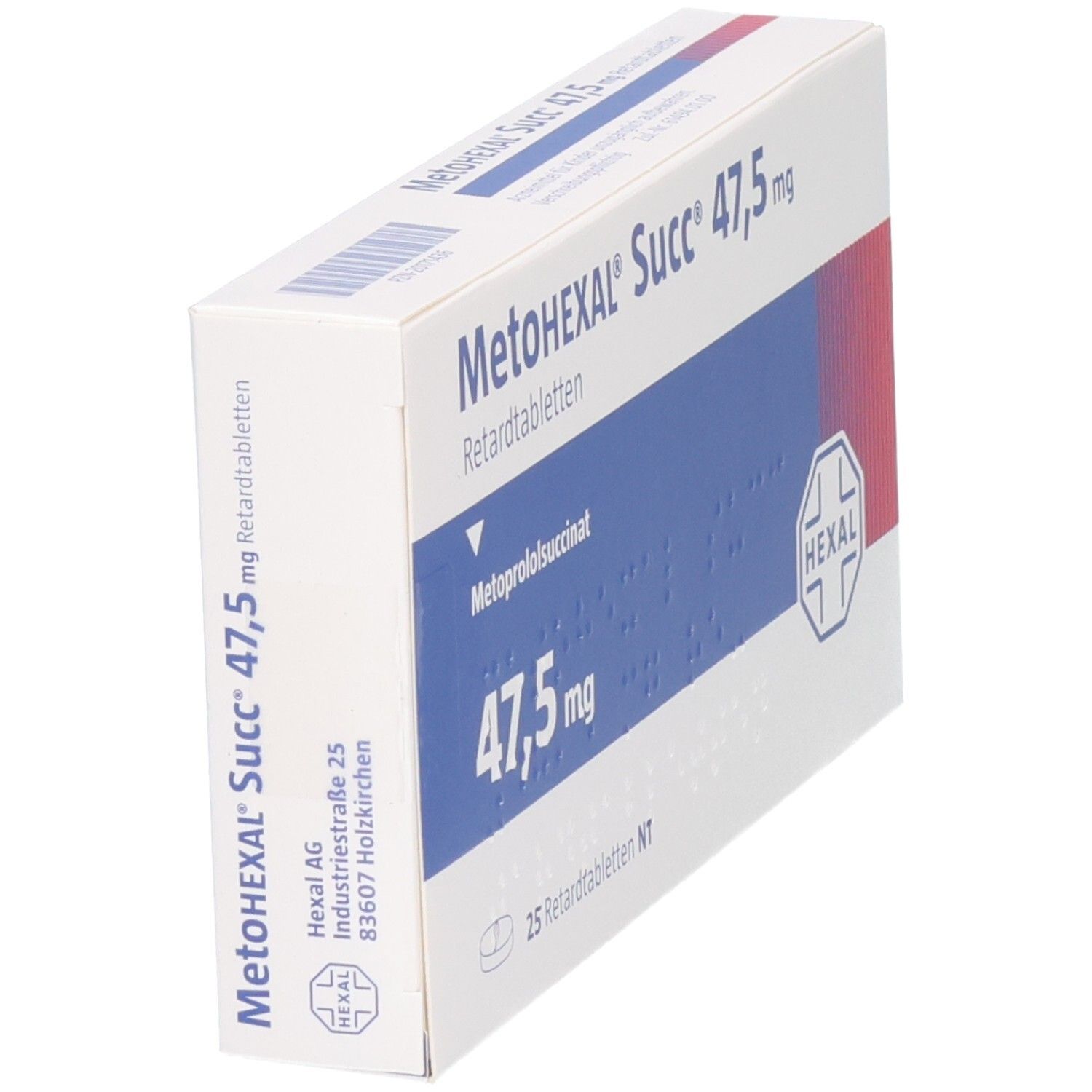 Seitenansicht der Verpackung von MetoHEXAL Succ 47,5 mg Retardtabletten.