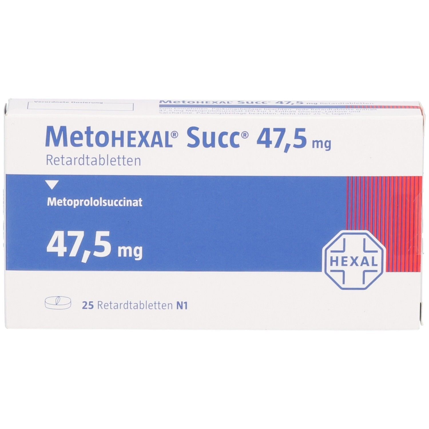 Verpackung von MetoHEXAL Succ 47,5 mg Retardtabletten mit 25 Tabletten.