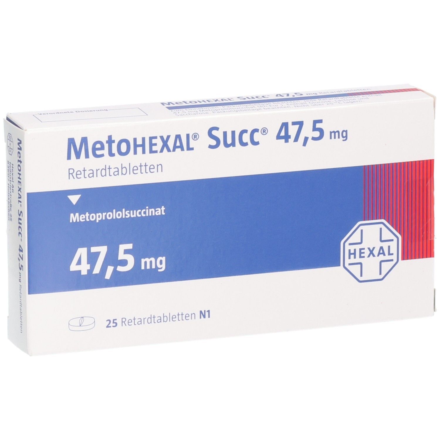 Verpackung von MetoHEXAL Succ 47,5 mg Retardtabletten mit 25 Tabletten.