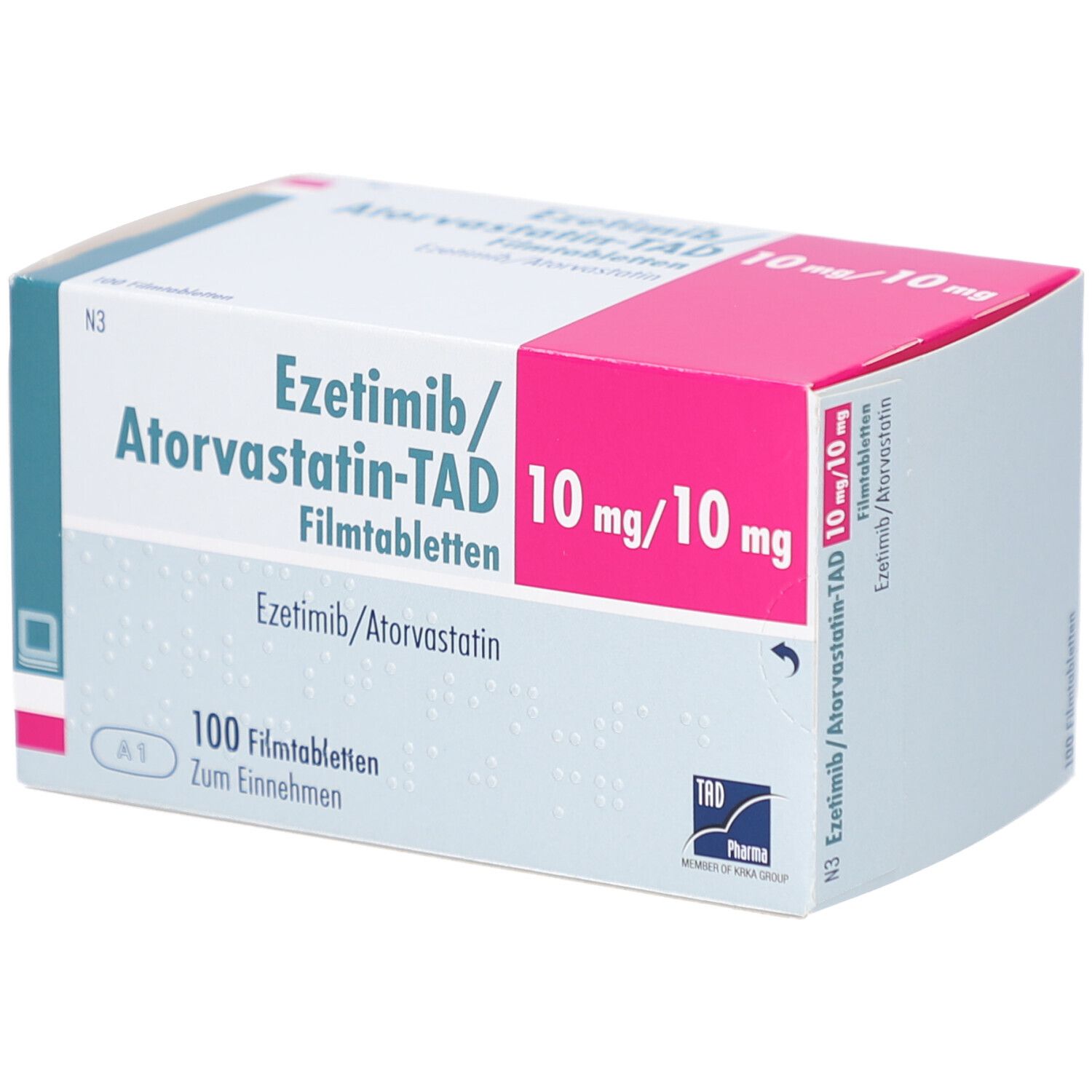 Schachtel mit EZETIMIB/Atorvastatin-TAD 10 mg/10 mg Filmtabl. Aufschrift: 100 Filmtabletten. Rosa und weiße Verpackung.