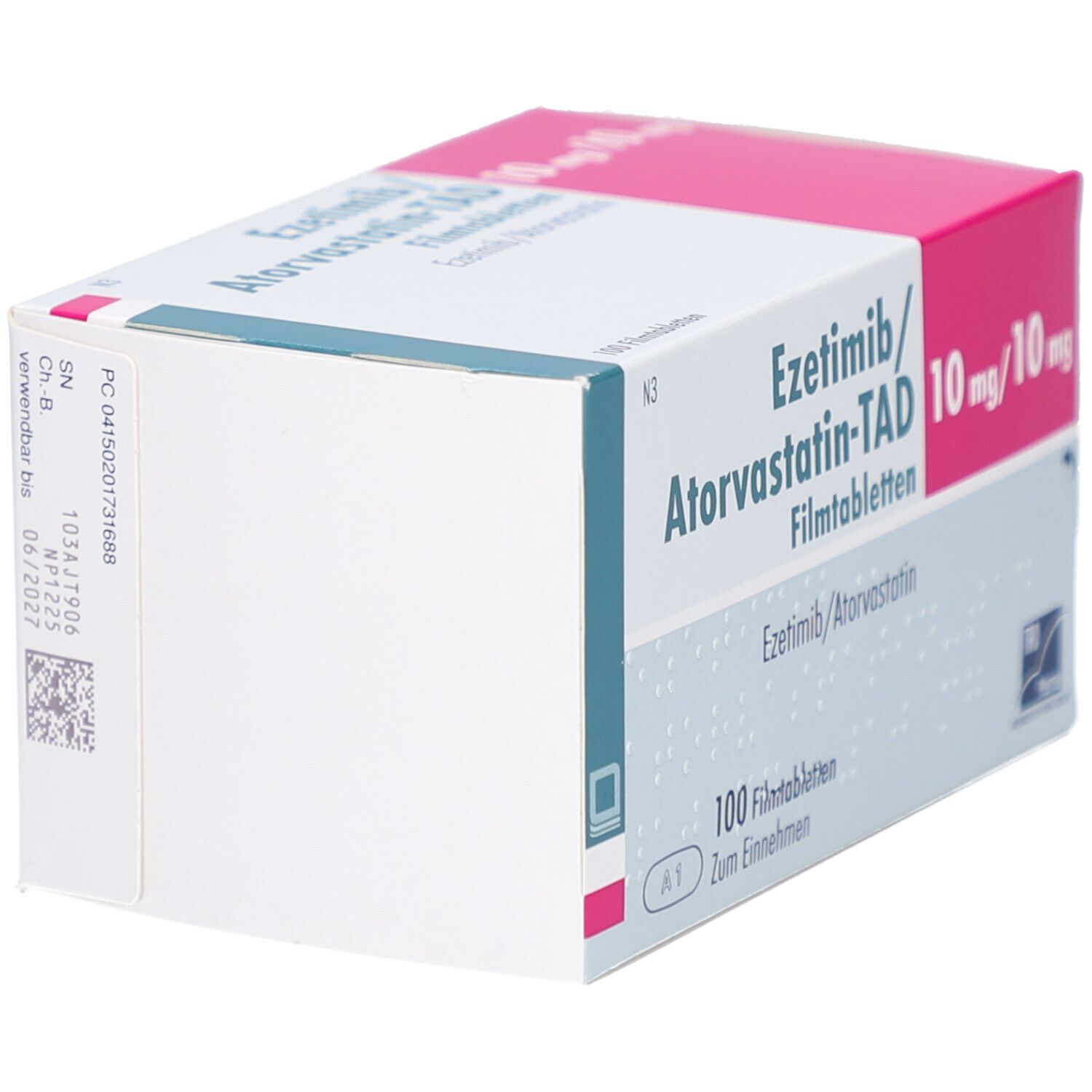 Schachtel EZETIMIB/Atorvastatin-TAD 10 mg/10 mg Filmtabl. Seitenansicht. Weiße Verpackung mit rosa Akzenten. Aufschrift: 100 Filmtabl.