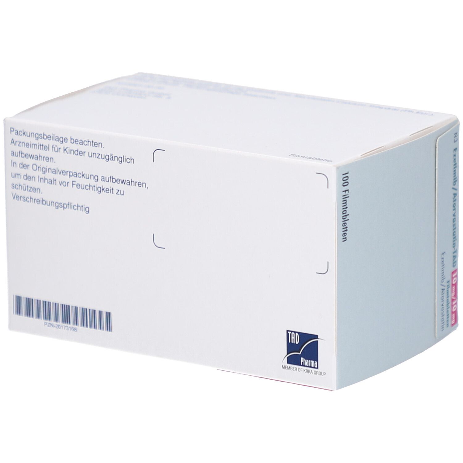Rückseite der Schachtel EZETIMIB/Atorvastatin-TAD 10 mg/10 mg Filmtabl. Weiße Verpackung mit Text. Aufschrift: 100 Filmtabl.