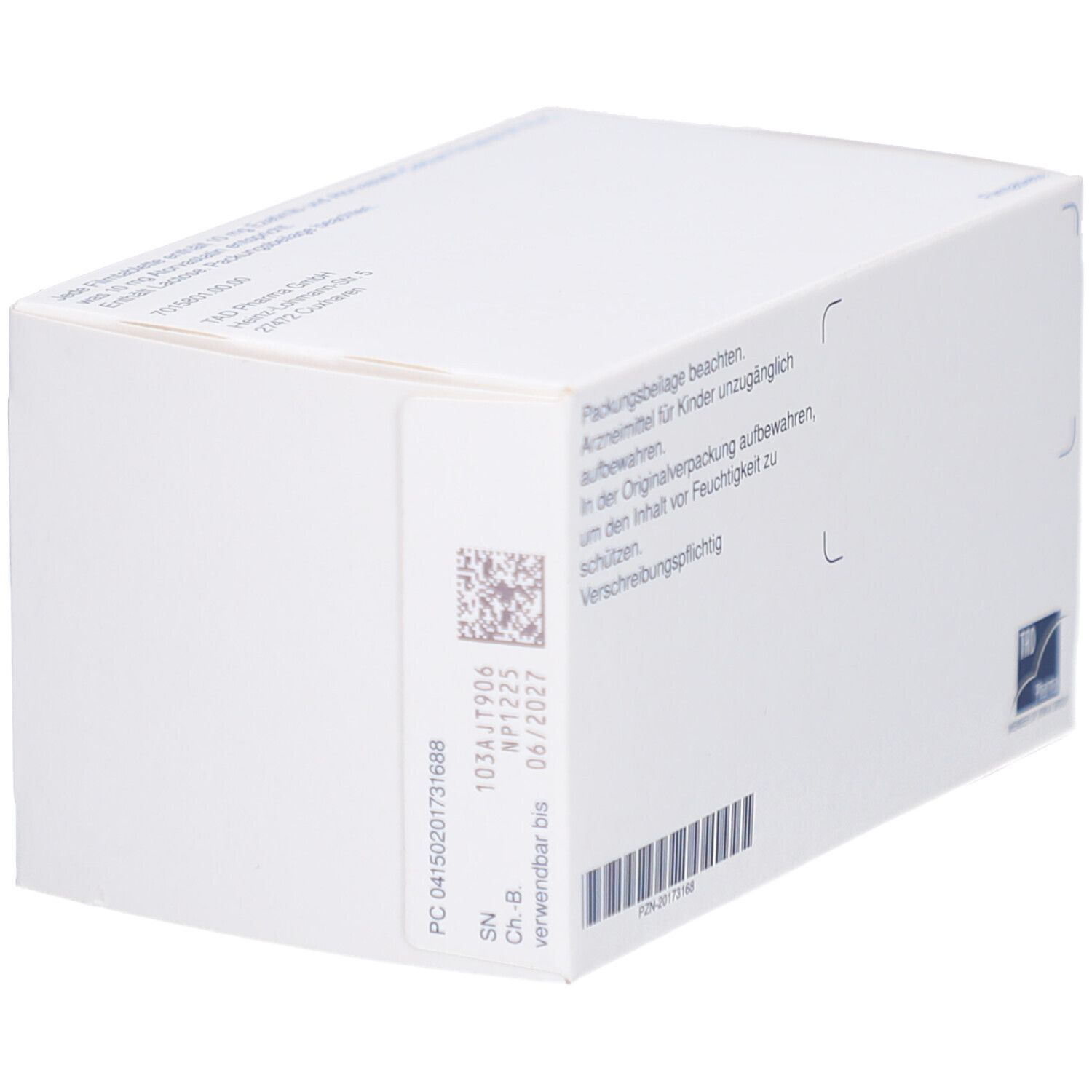 Seitenansicht der Schachtel EZETIMIB/Atorvastatin-TAD 10 mg/10 mg Filmtabl. Weiße Verpackung mit Text und Barcode. Haltbarkeitsdatum.