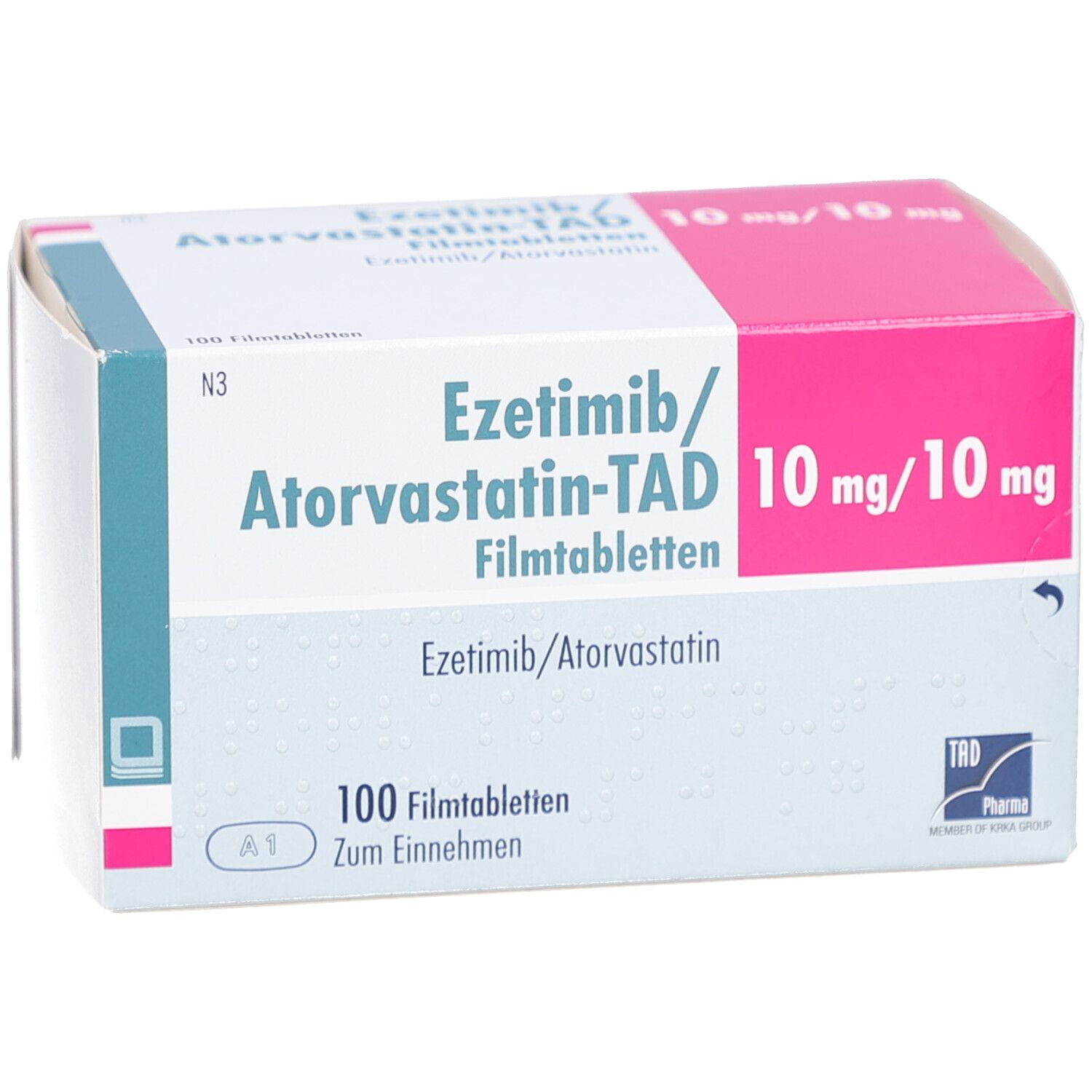 Schachtel mit EZETIMIB/Atorvastatin-TAD 10 mg/10 mg Filmtabl. Aufschrift: 100 Filmtabletten. Rosa und weiße Verpackung.
