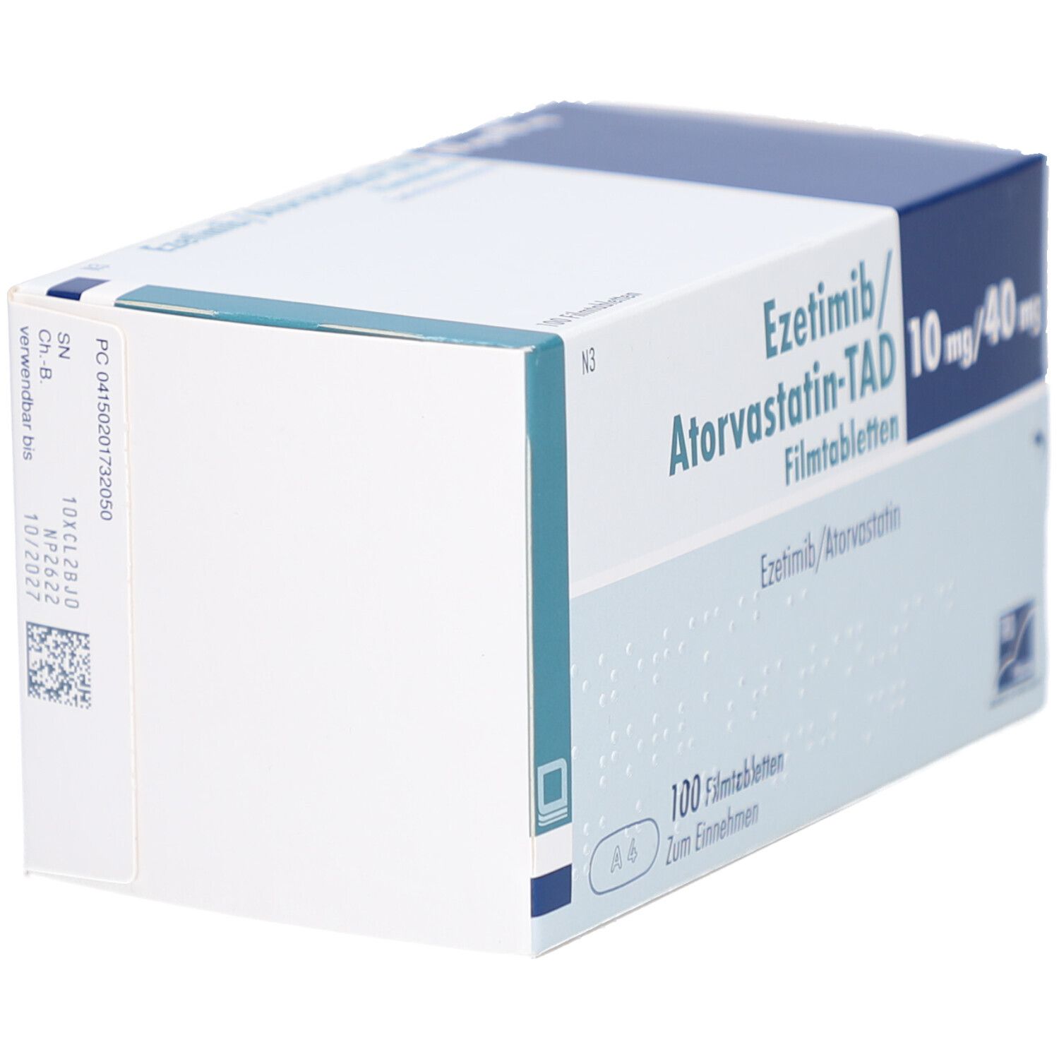 Schachtel von EZETIMIB/Atorvastatin-TAD 10 mg/40 mg Filmtabl. Aufschrift: 100 Filmtabletten. Logo von TAD Pharma.