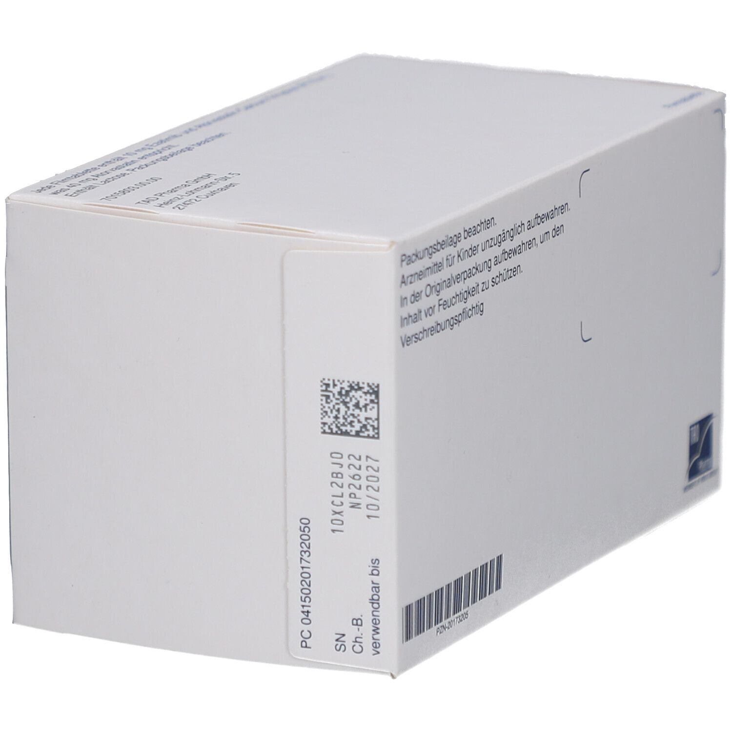 Weiße Schachtel mit Text und Barcode. Aufschrift: Packungsbeilage beachten. Logo von TAD Pharma.