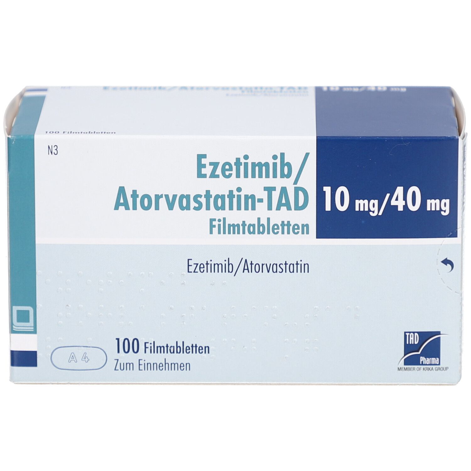 Schachtel mit EZETIMIB/Atorvastatin-TAD 10 mg/40 mg Filmtabl. Aufschrift: 100 Filmtabletten. Logo von TAD Pharma.