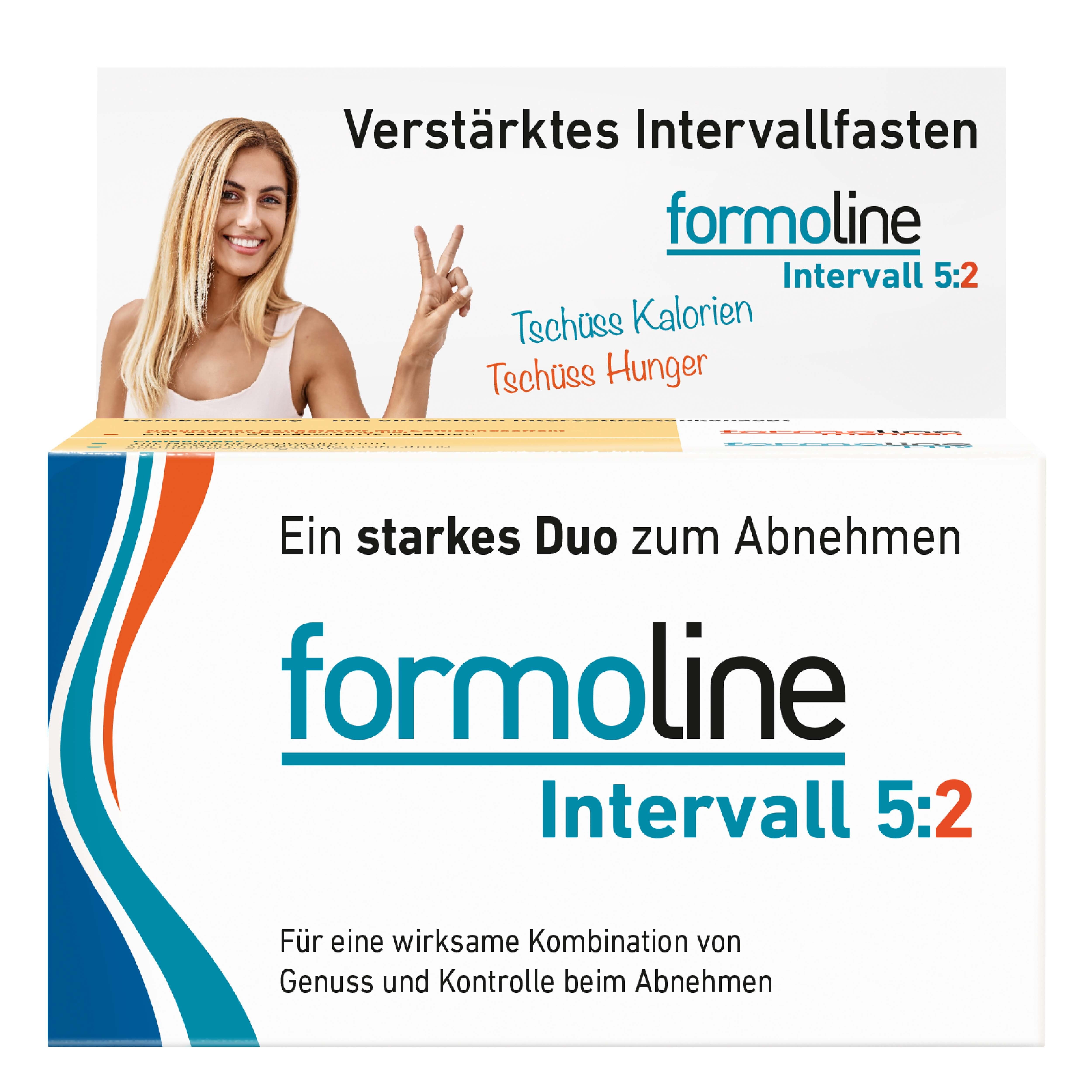 Verpackung mit Produktnamen und Schriftzug. Frau mit Victory-Zeichen. Text: Verstärktes Intervallfasten, Tschüss Kalorien, Tschüss Hunger.