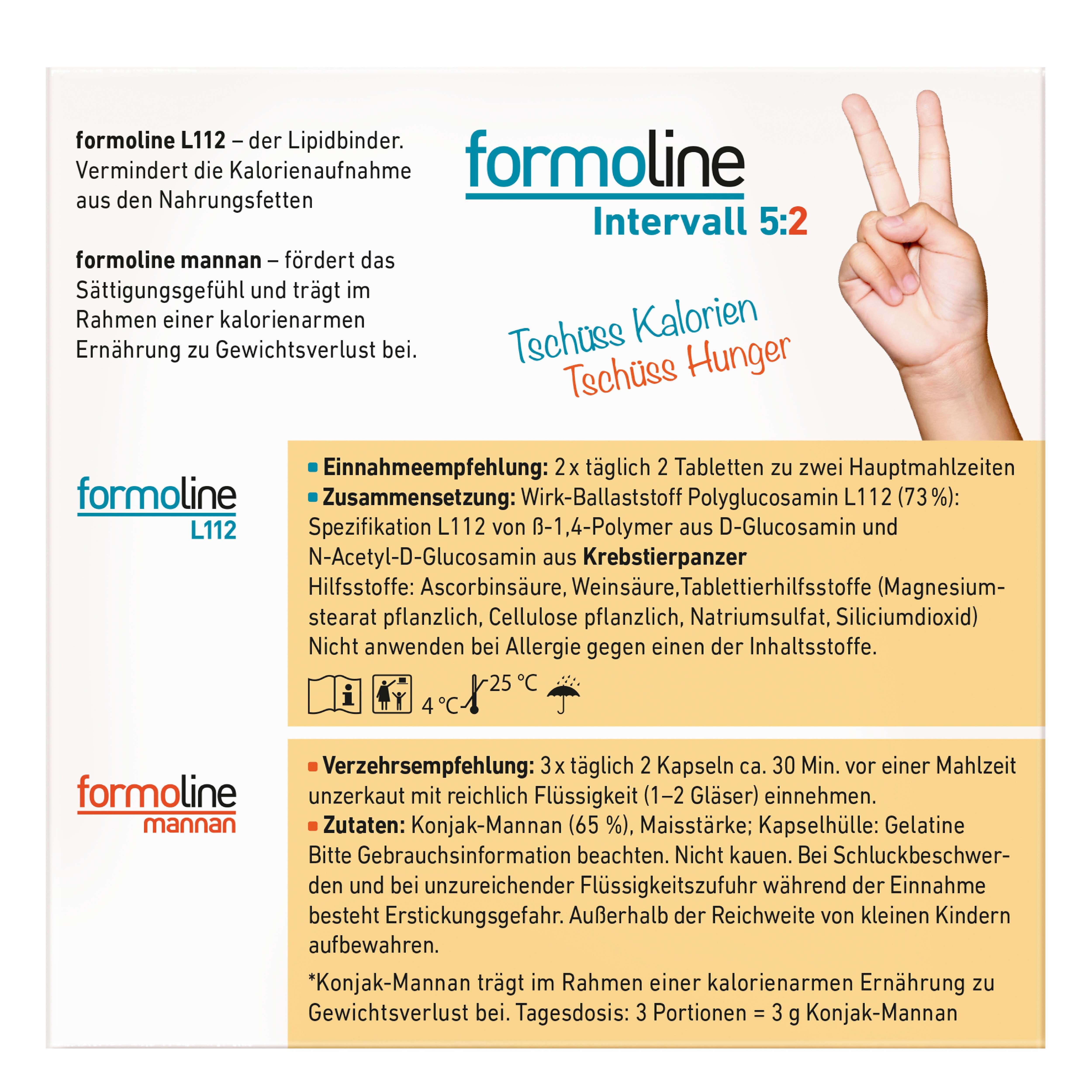 Produktverpackung mit Text und Inhaltsangaben. Hand mit Victory-Zeichen. Text: formoline Intervall 5:2, L112, mannan, Einnahmeempfehlung, Zutaten.